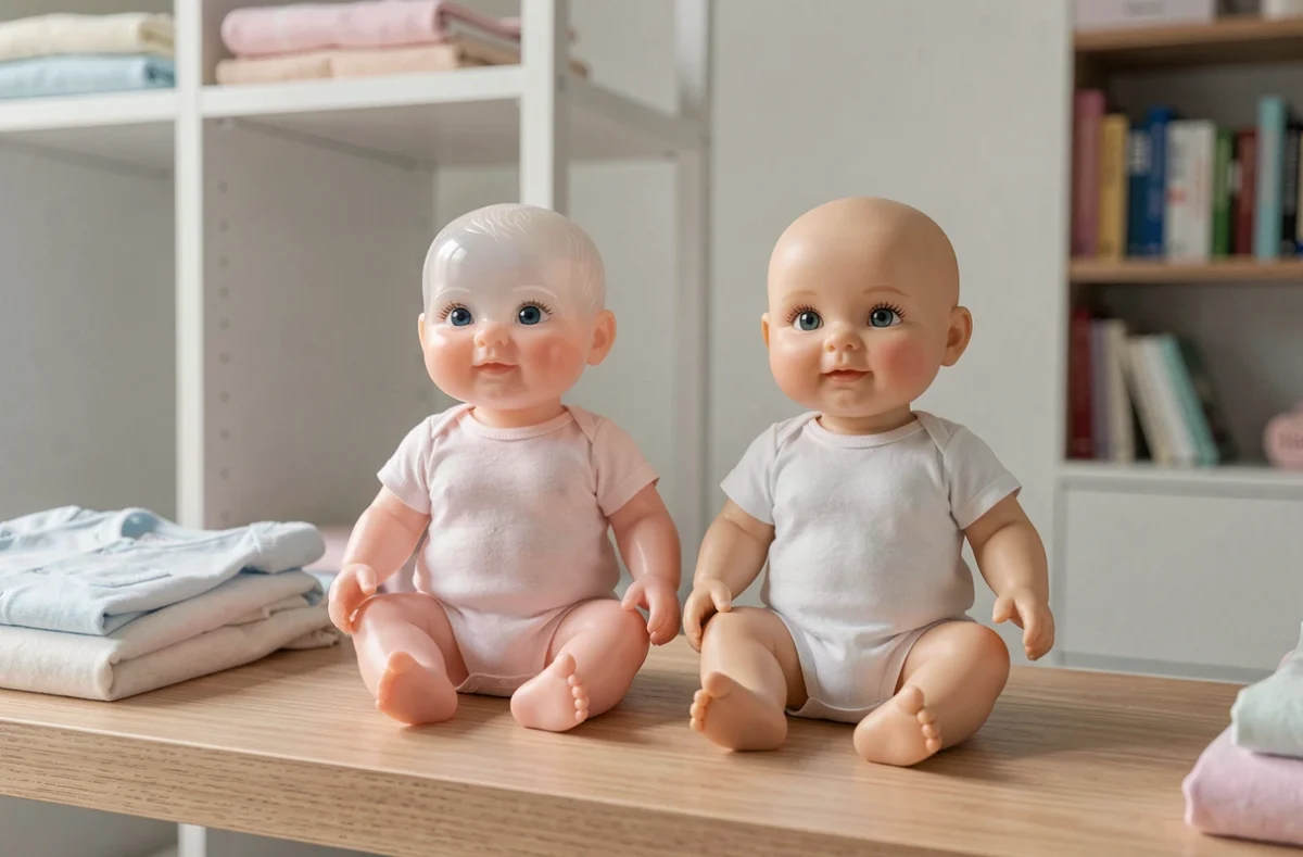 Comparaison d'un bébé reborn en silicone et d'un bébé reborn en vinyle côte à côte sur une étagère en bois, montrant les différences de matière et de rendu
