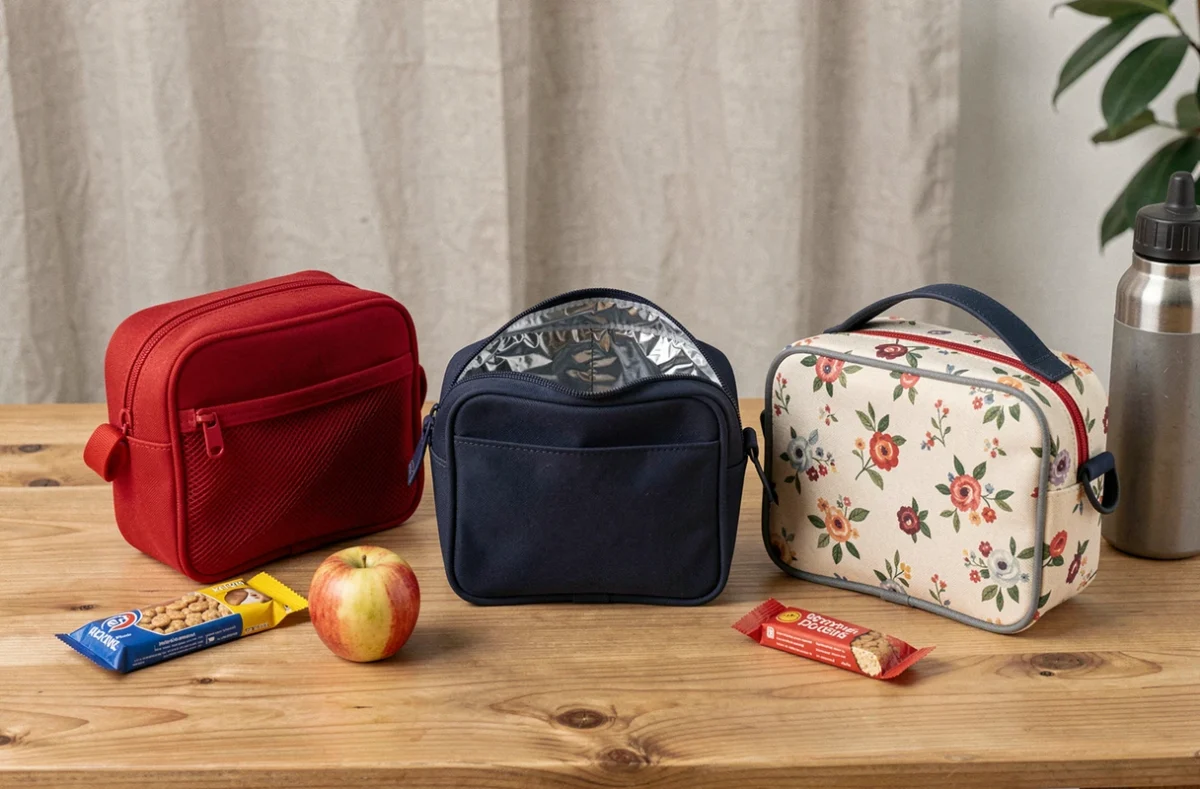 Comparatif de trois sacs à goûter isothermes pour enfant posés sur une table en bois