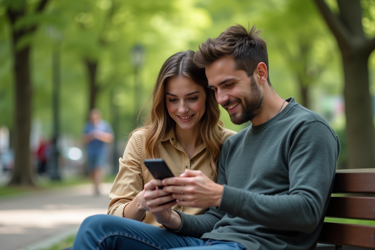 Couple regardant une application de suivi de cycle dans un parc verdoyant