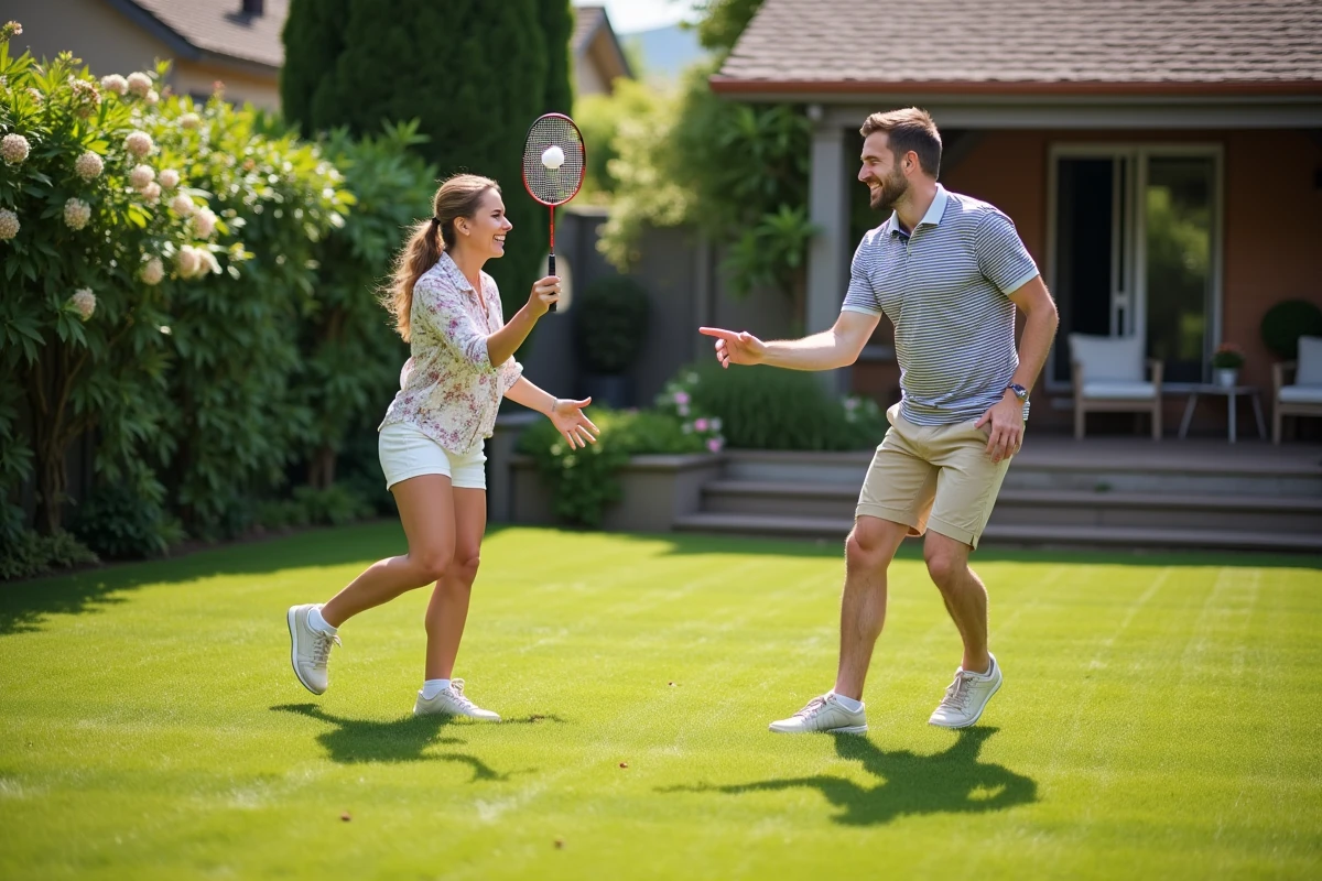 Couple jouant au badminton dans un jardin extérieur lors d'une belle journée ensoleillée
