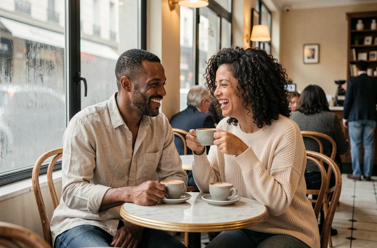 Couple complice dans un café parisien, intimité et moments partagés loin des projecteurs