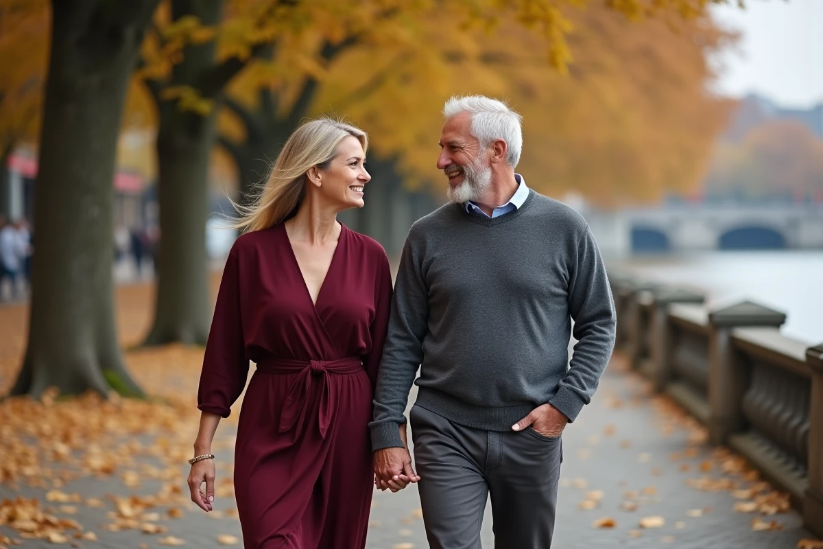 Couple se promenant au bord de l'eau en automne, évoquant la complicité et la vie de couple d'une personnalité publique