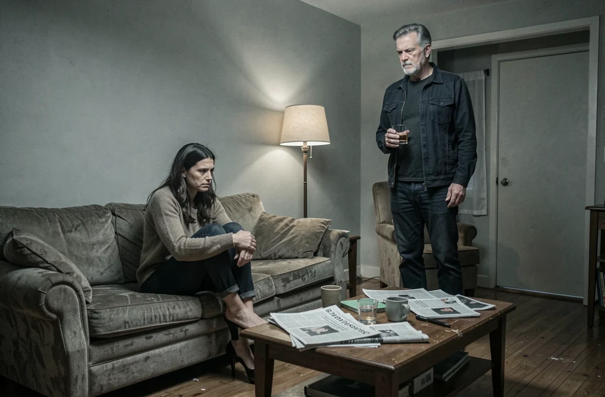Couple en tension dans un salon, femme en posture de repli et homme avec un verre d'alcool illustrant la dynamique de peur dans une relation avec un conjoint alcoolique