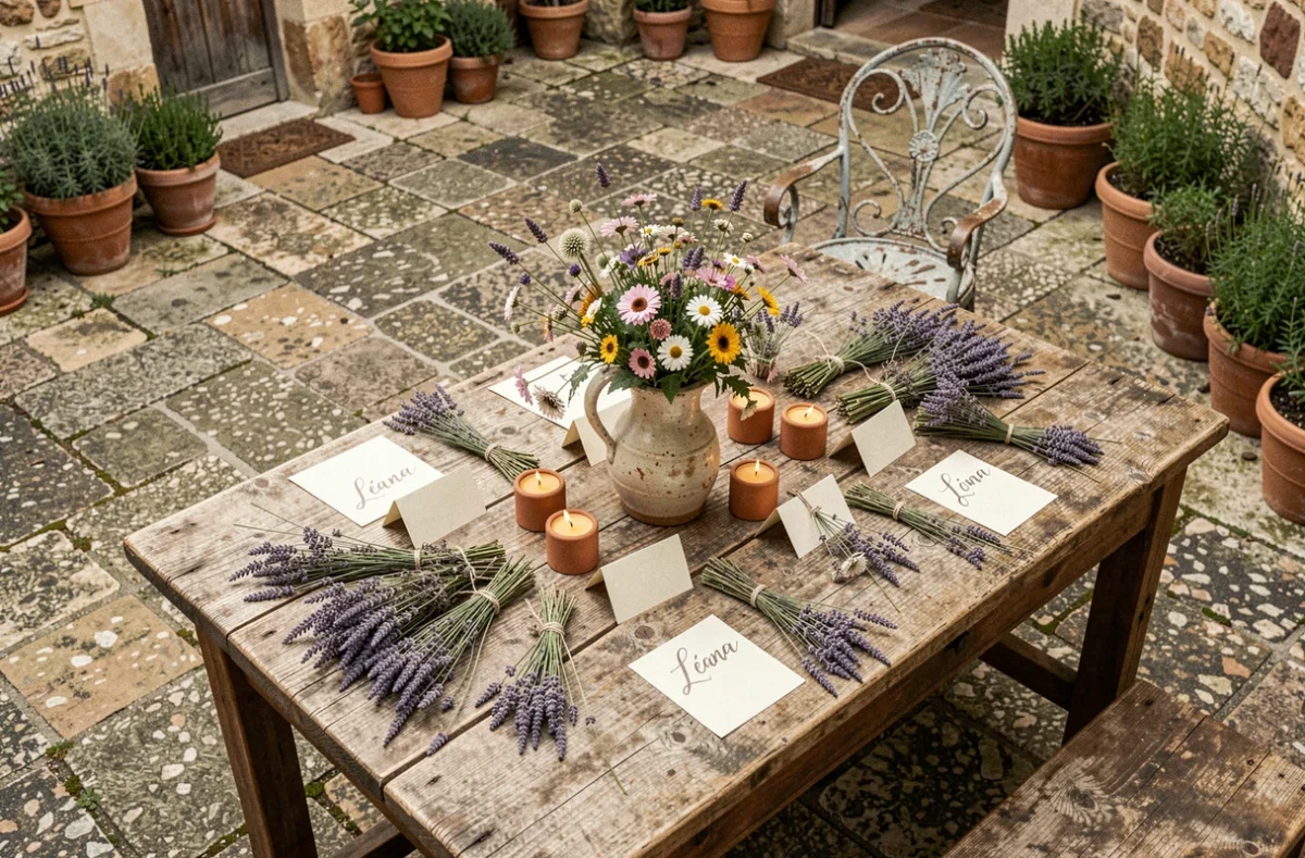 Table décorée pour la fête de sainte Léana avec des fleurs sauvages et des bougies en cire d'abeille