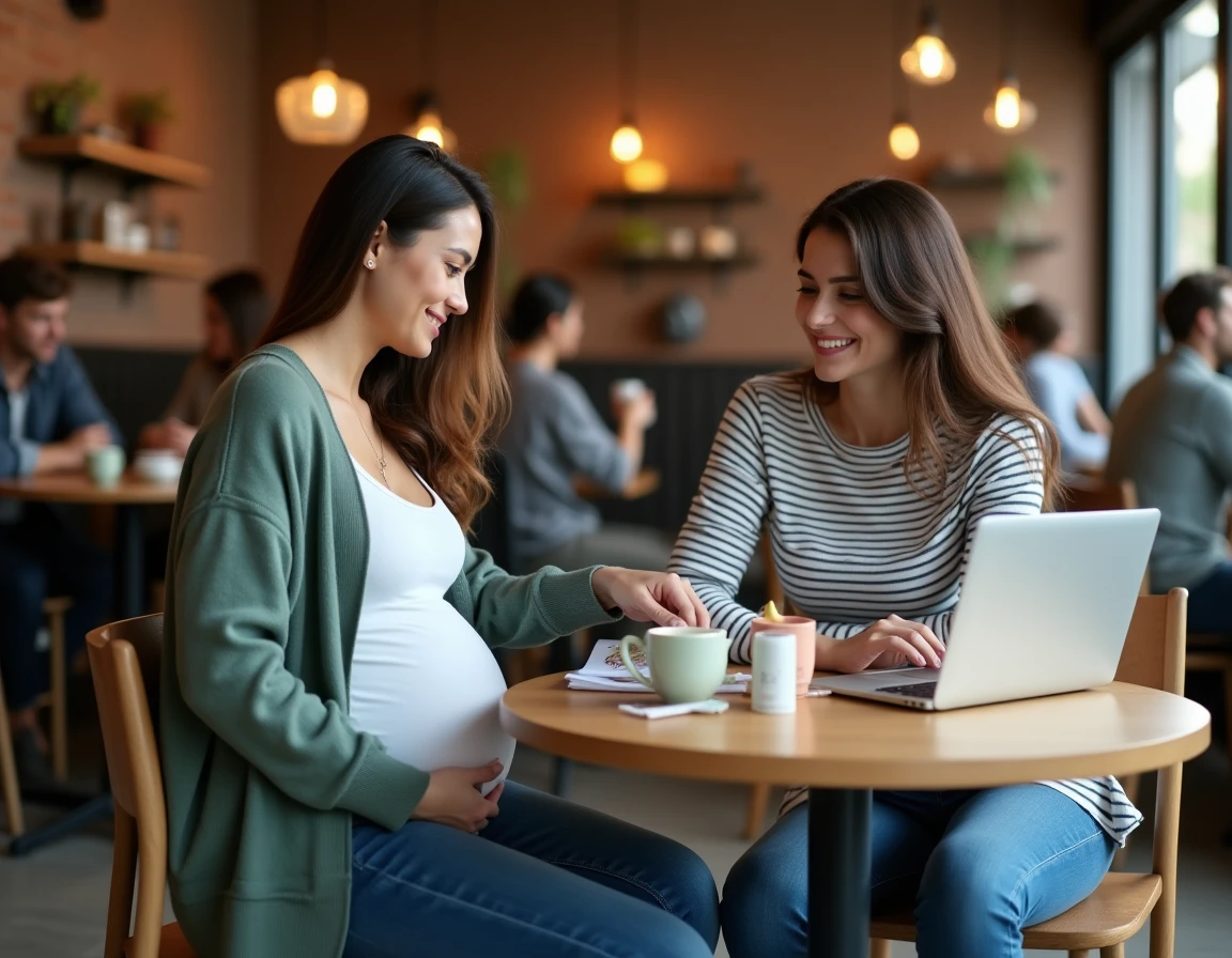 Deux femmes dont une enceinte recherchant des cadeaux gratuits grossesse sur un ordinateur portable dans un café