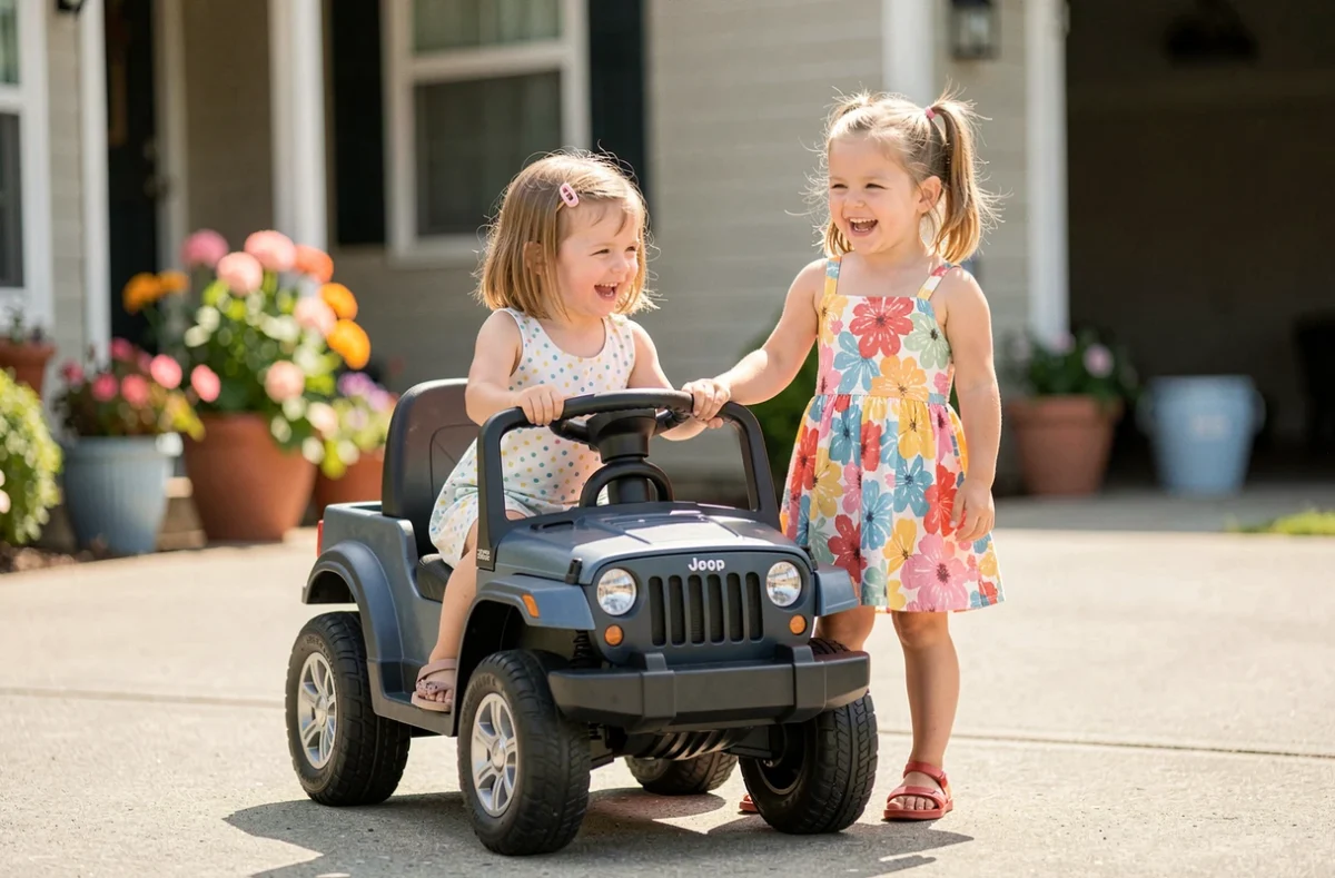 Deux fillettes jouant avec une Jeep électrique enfant dans une allée de maison pavillonnaire