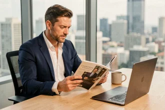 Dirigeant masculin en costume marine lisant un magazine business stratégique dans un bureau moderne avec vue sur la ville