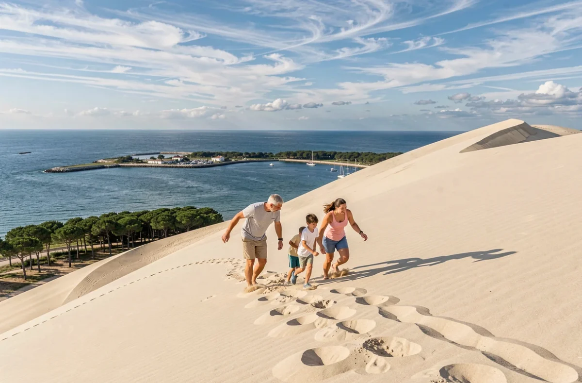 Une famille gravissant la Dune du Pilat avec vue sur l'océan Atlantique et le bassin d'Arcachon