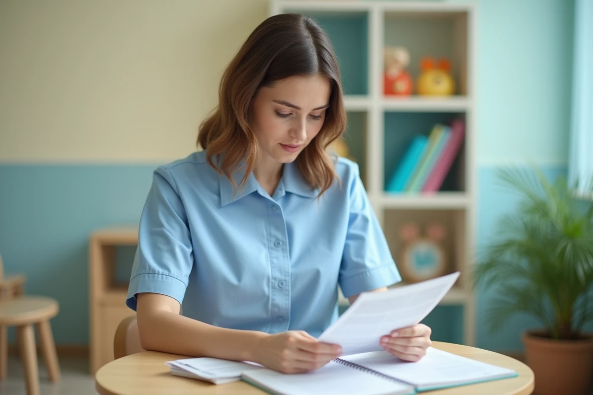 Éducatrice de crèche en uniforme bleu consultant ses documents professionnels dans une salle de crèche colorée