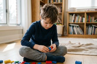 Enfant de 7 ans assemblant des blocs de construction colorés sur le sol d'un salon chaleureux