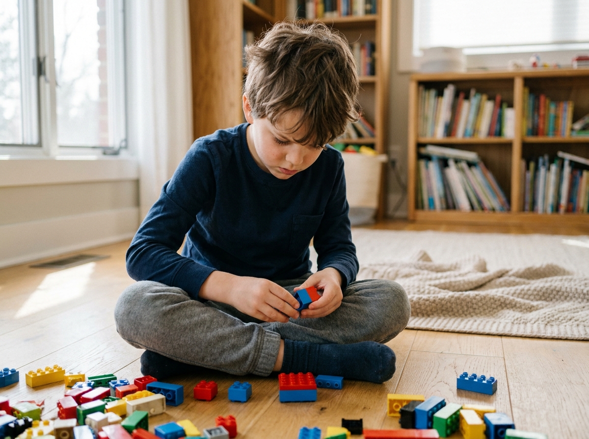 Enfant de 7 ans assemblant des blocs de construction colorés sur le sol d'un salon chaleureux