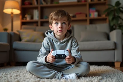 Enfant concentré jouant à la PS5 dans le salon familial avec une manette DualSense