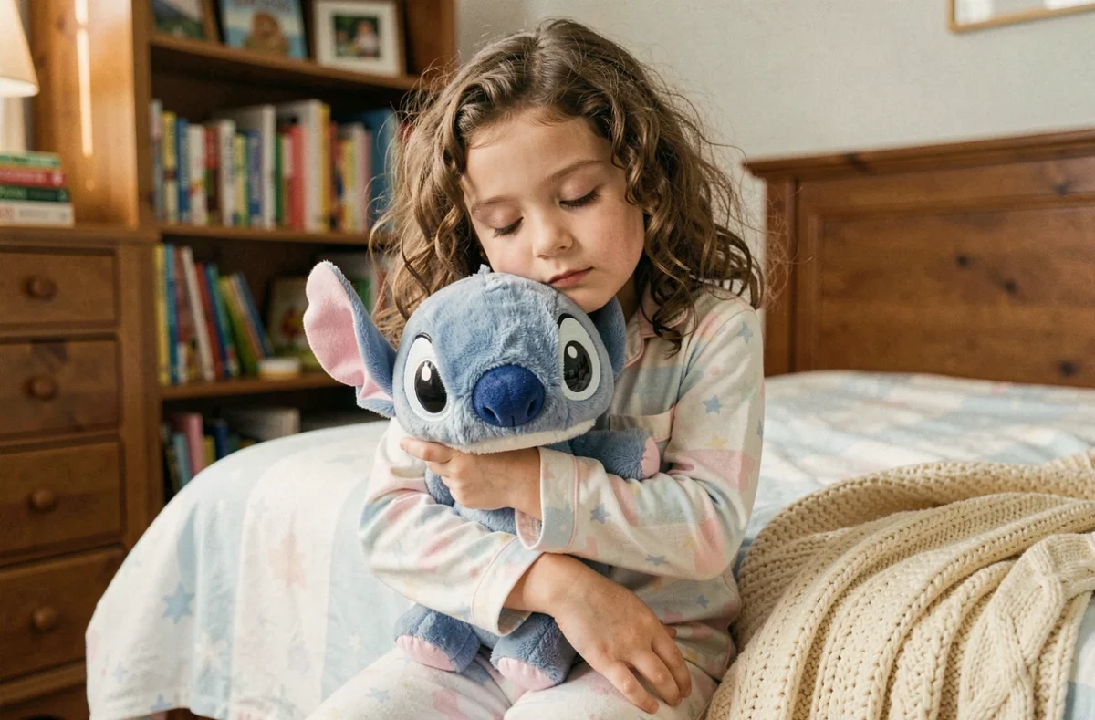 Petite fille de 4 ans en pyjama tenant une peluche Stitch respirante dans sa chambre cosy