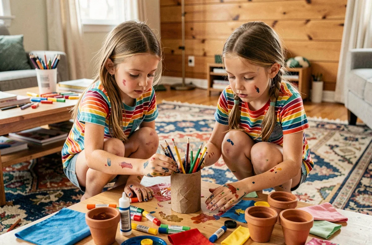 Deux fillettes qui fabriquent un cadeau artisanal pour la fête des mères, entourées de fournitures de bricolage colorées sur une table basse