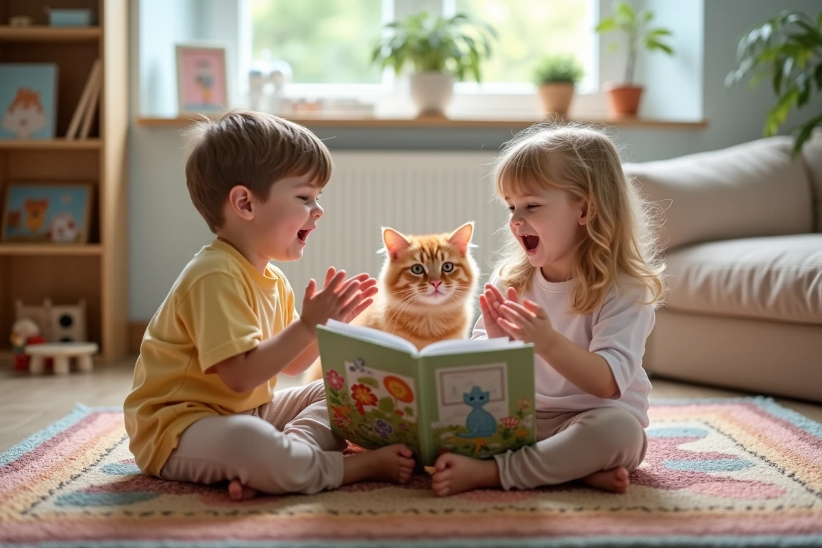 Deux enfants chantant et frappant des mains avec un chat roux autour d'un livre de chansons illustré dans un salon familial