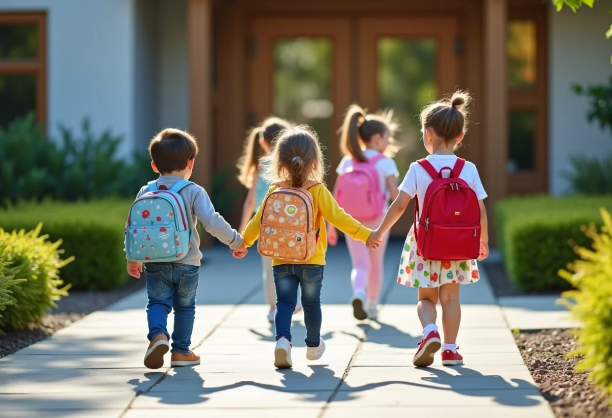 Groupe d enfants souriants entrant dans une école maternelle