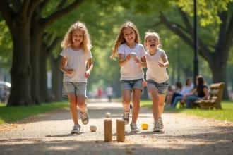 Trois enfants jouant à la pétanque sur un chemin de gravier dans un parc pendant les beaux jours