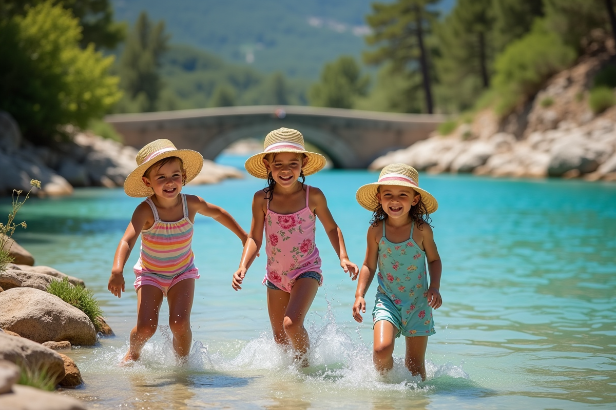 Enfants s’amusant dans une rivière turquoise en sud de France