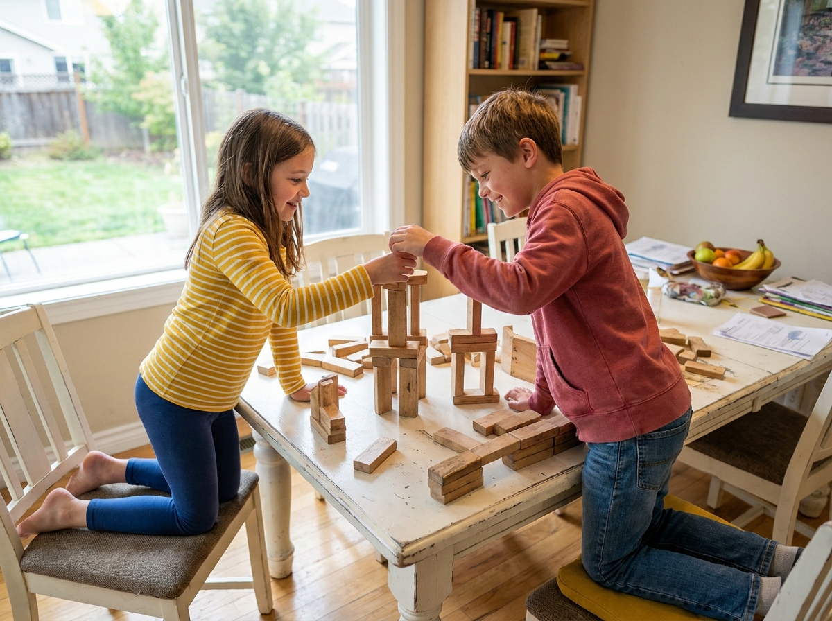 Deux enfants jouant ensemble avec un grand jeu de construction en bois sur une table familiale