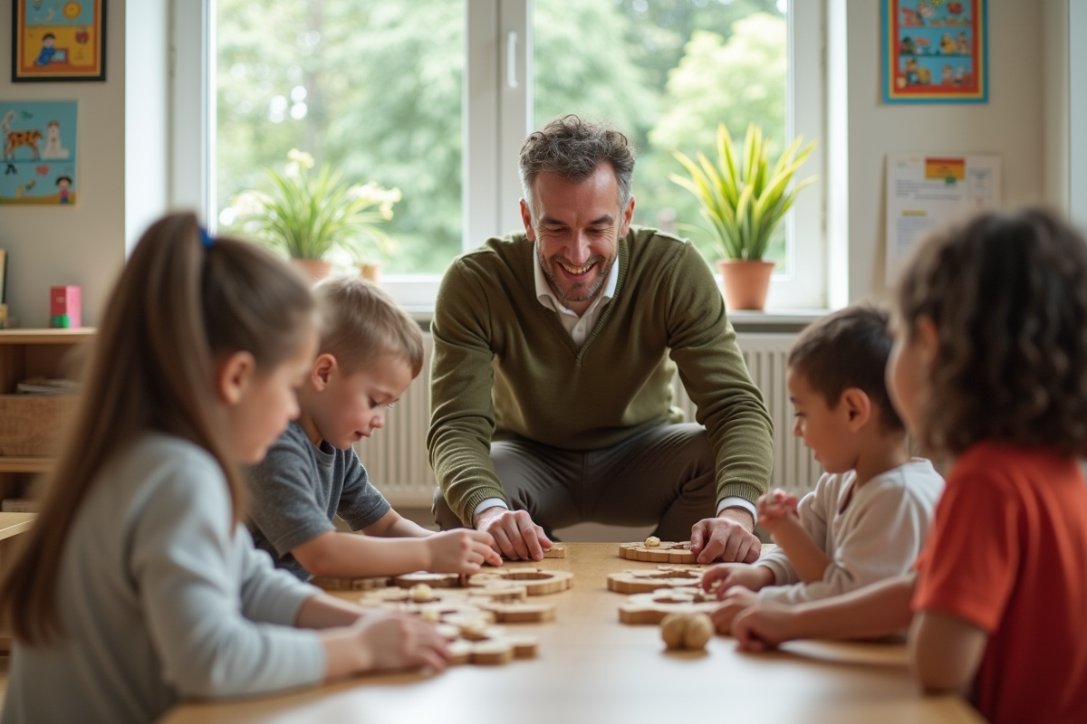 Enseignant avec enfants jouant avec des puzzles en classe