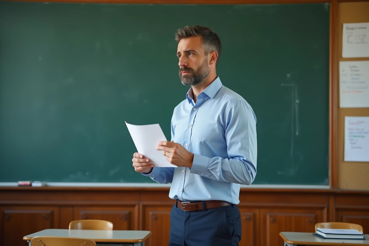 Enseignant dans une salle de classe française tenant un document imprimé, évoquant les enjeux de confidentialité liés aux fiches de classe en ligne