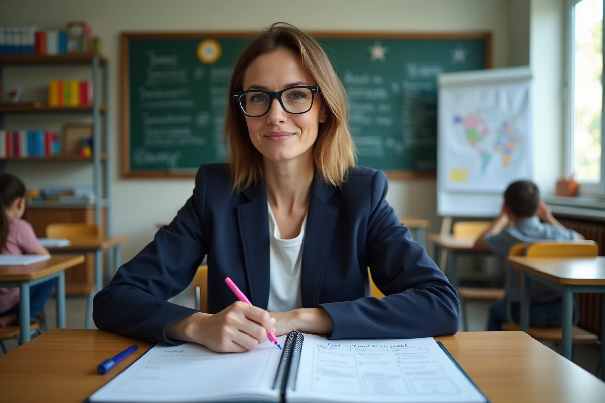Enseignante en salle de classe consultant le planning des zones scolaires 2026
