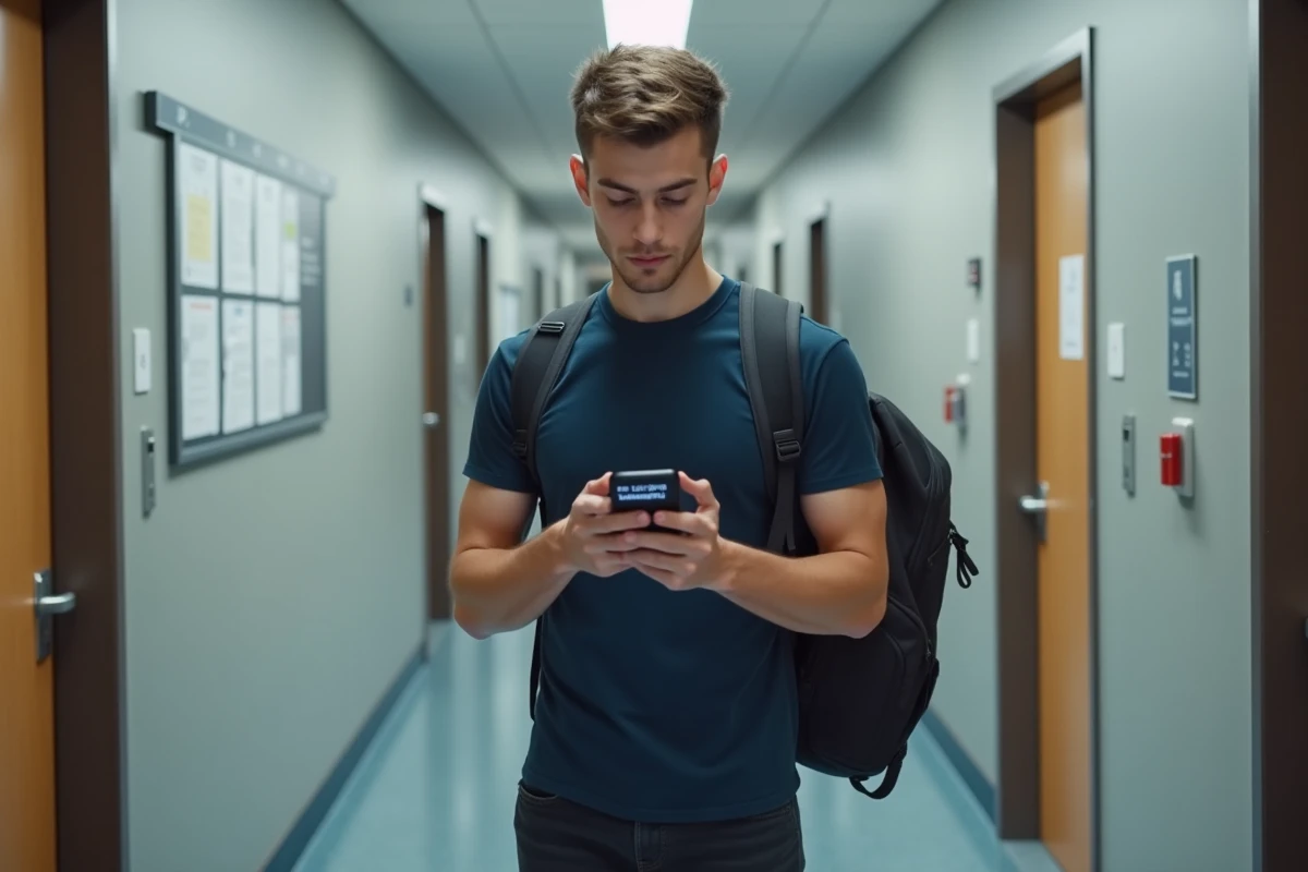 Étudiant en résidence universitaire consultant le site CAF sur son smartphone pour signaler un changement d'adresse