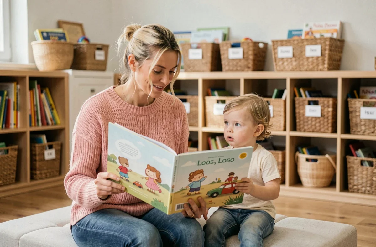 Eve, assistante maternelle à Loos, lisant un album illustré à un enfant en bas âge