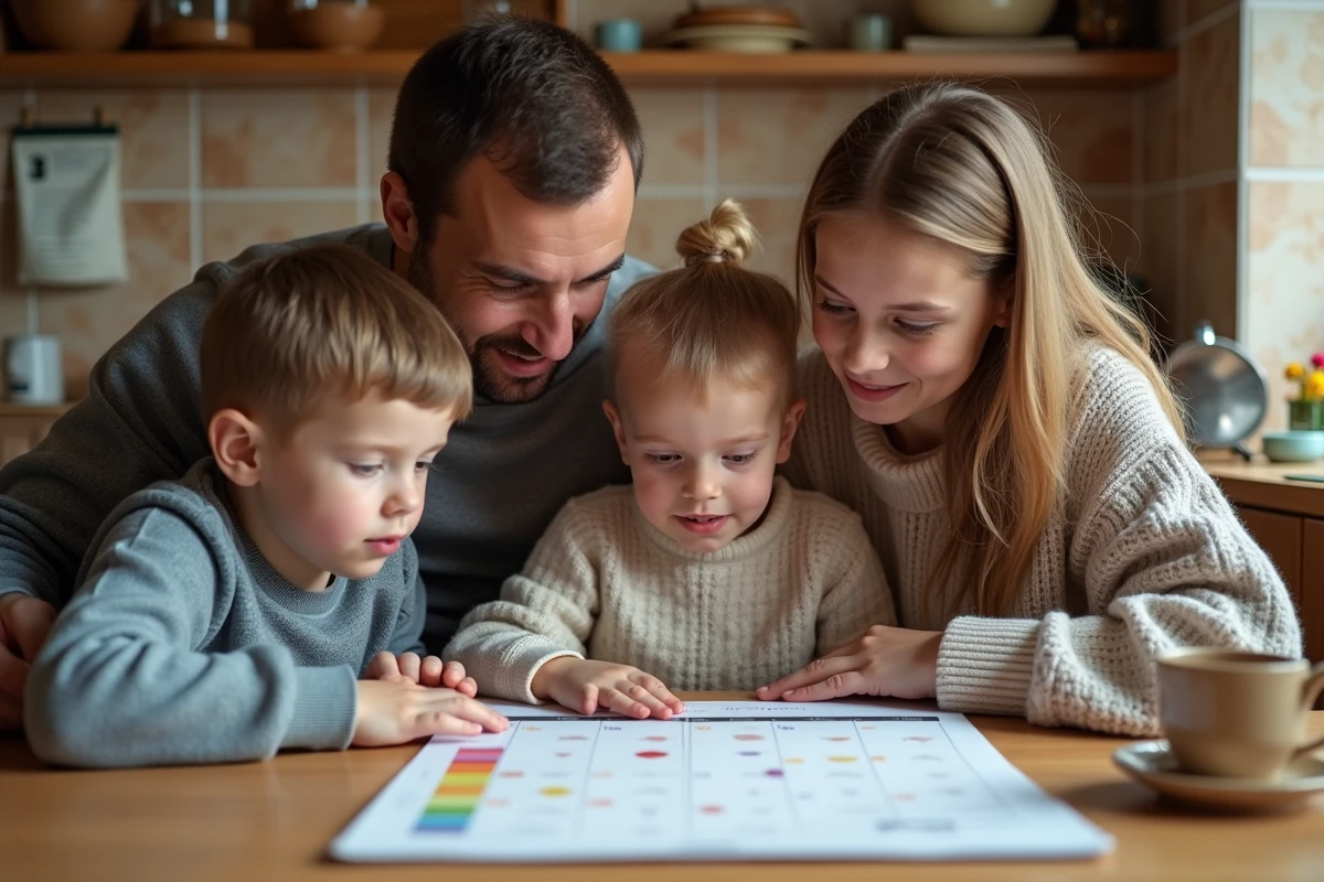 Famille française consultant un calendrier des zones scolaires 2026 autour de la table de cuisine