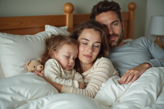 Jeune fille de 5 ans dormant paisiblement avec ses parents