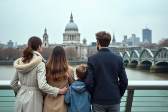 Famille française visitant Londres pendant les vacances scolaires sur le Millennium Bridge avec vue sur la cathédrale Saint-Paul