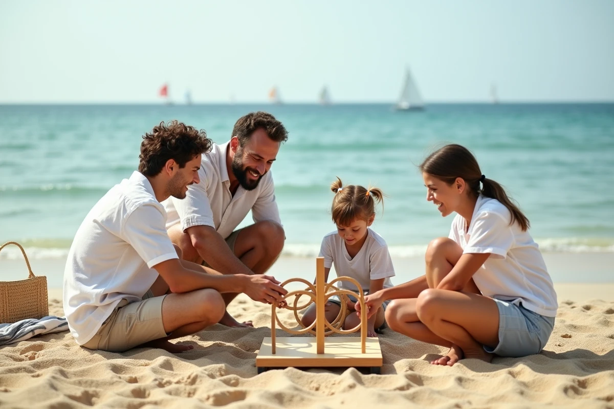 Famille jouant à un jeu de lancer d'anneaux en bois sur une plage de sable pendant l'été