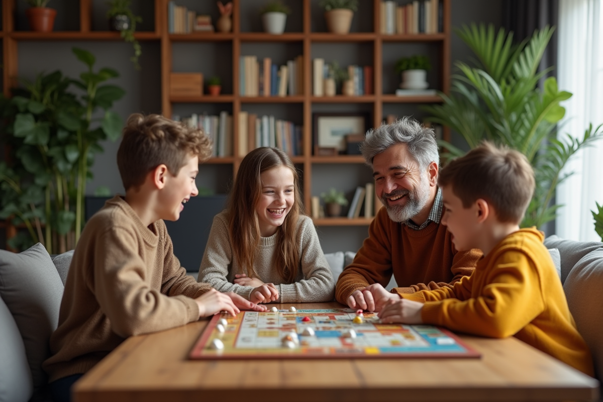 Famille jouant à un jeu de société dans un salon chaleureux
