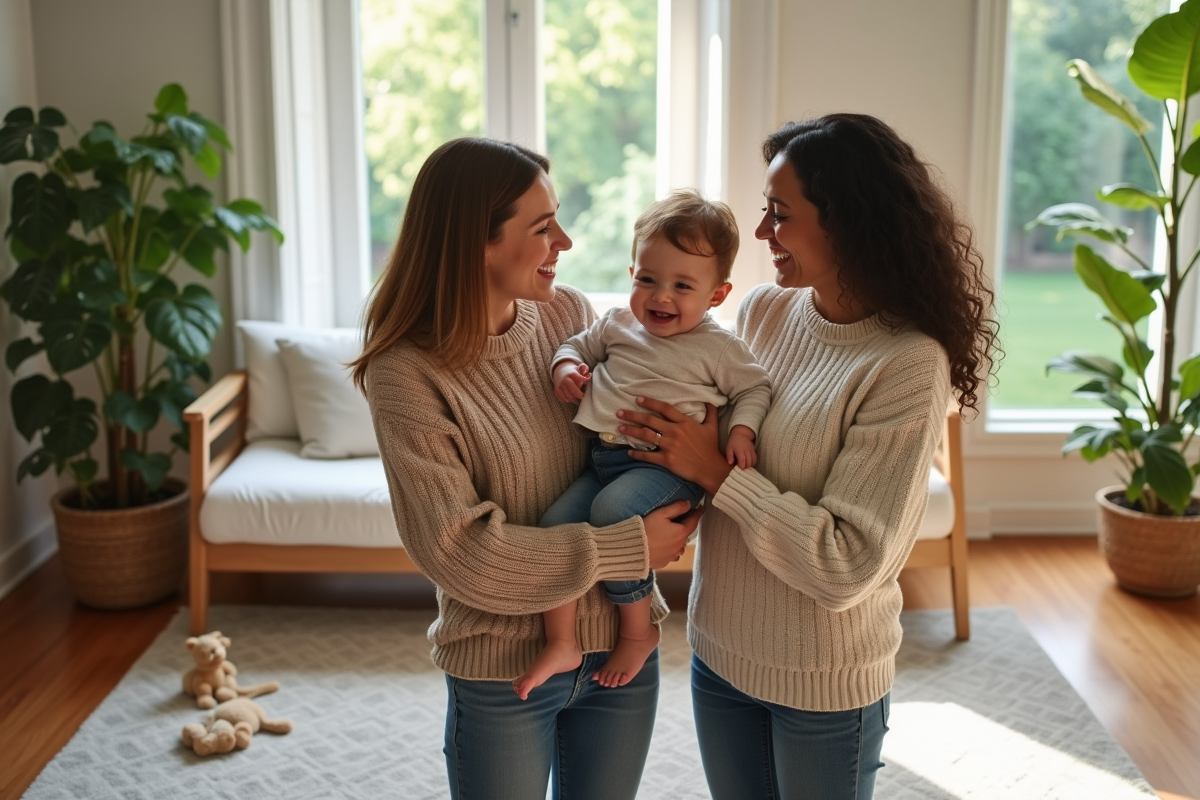 Famille multiculturelle partageant un moment de rire à la maison