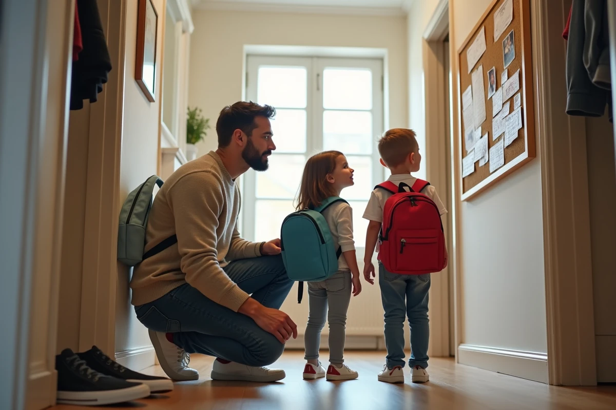 Famille vérifiant un calendrier dans un couloir lumineux