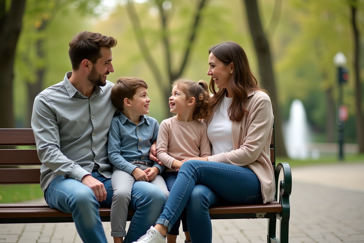 Jeune famille souriante dans un parc urbain en printemps