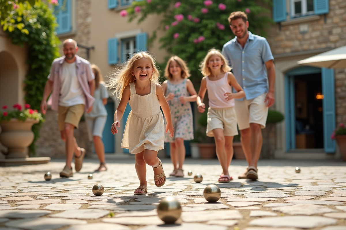 Famille jouant à la pétanque dans un village provençal en été
