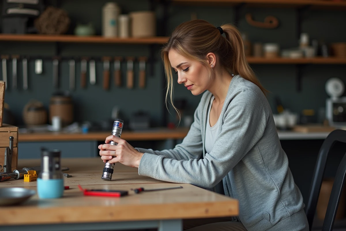 Femme en atelier vérifiant un lightsaber en bricolant