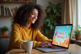 Femme souriante devant un ordinateur portable affichant une carte animée d'anniversaire colorée avec des confettis