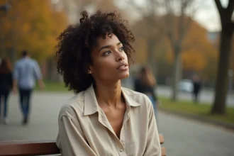 Femme aux cheveux bouclés naturels assise seule dans un parc urbain, regard pensif et expression réservée, ambiance éditoriale intimiste