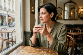 Femme française d'une quarantaine d'années en contemplation dans un café parisien, évoquant intimité et vie personnelle
