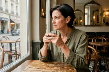 Femme française d'une quarantaine d'années en contemplation dans un café parisien, évoquant intimité et vie personnelle