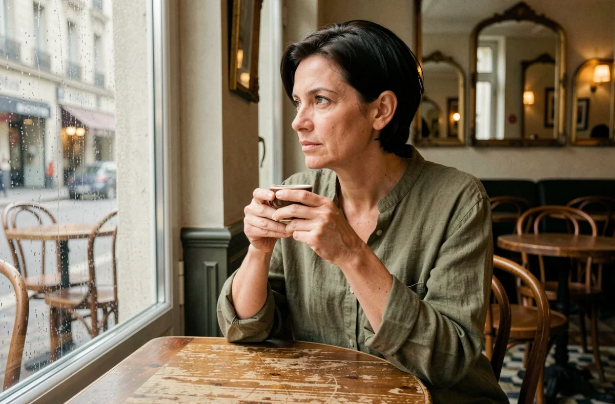 Femme française d'une quarantaine d'années en contemplation dans un café parisien, évoquant intimité et vie personnelle