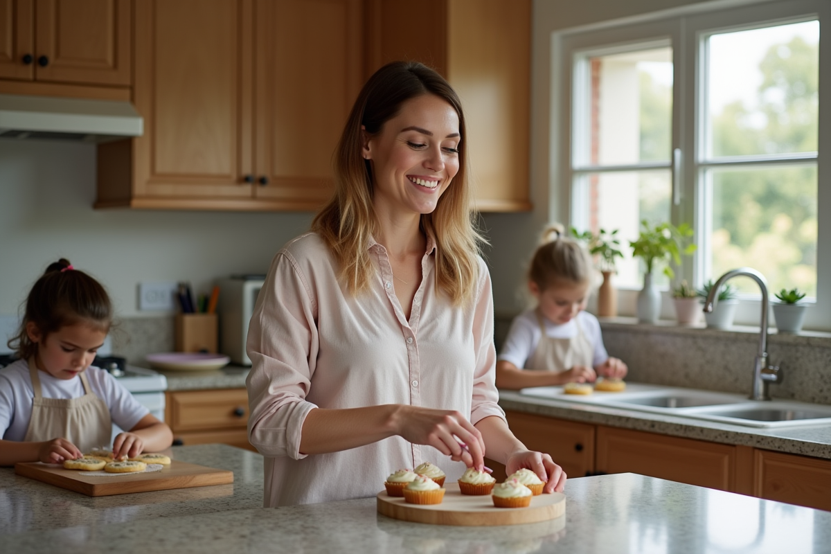 Femme arrangeant des cupcakes dans la cuisine lumineuse