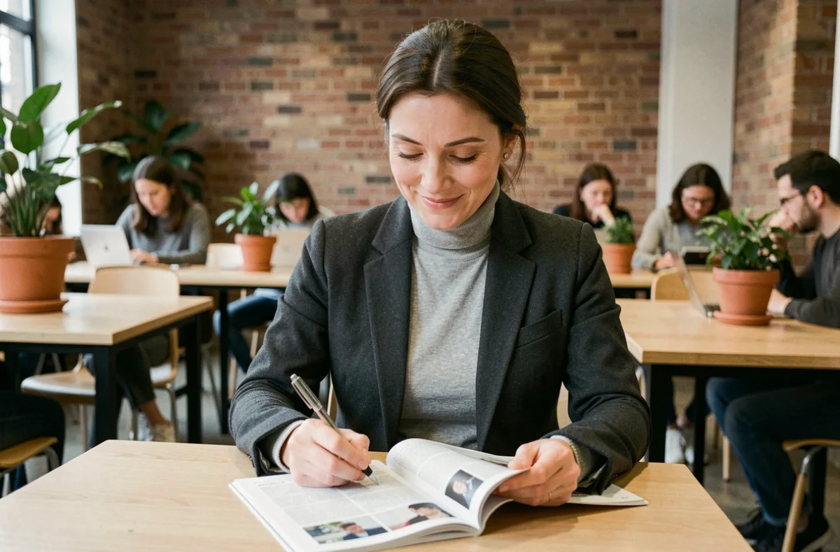 Femme dirigeante annotant un magazine professionnel dans un espace de coworking contemporain avec plantes et briques apparentes