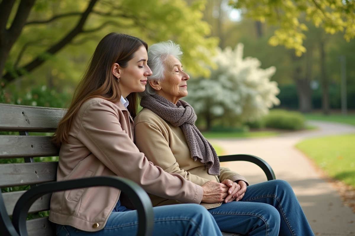 Jeune femme et sa mère se serrant dans un parc en pleine nature