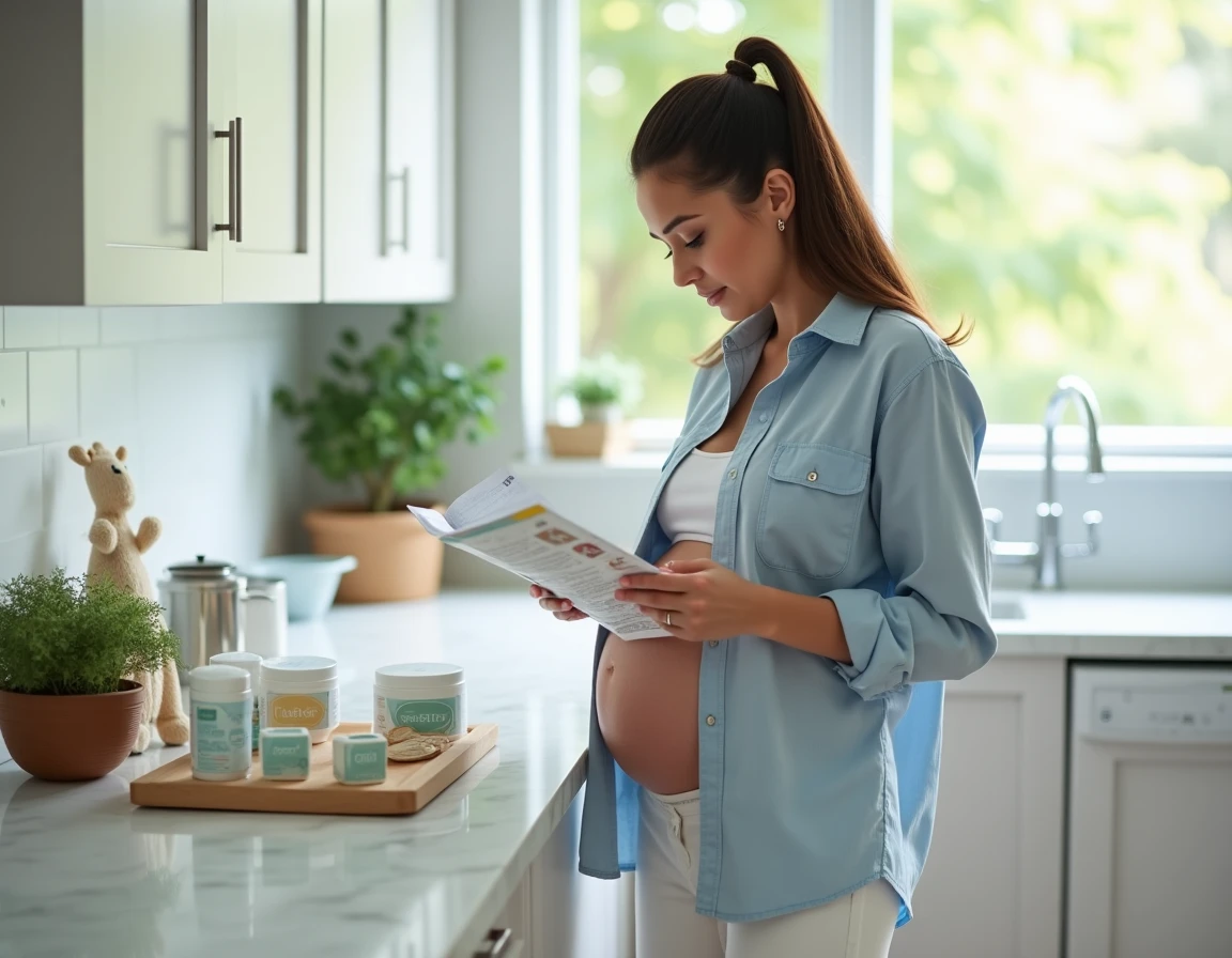 Femme enceinte debout dans une cuisine consultant une brochure de cadeaux gratuits maternité