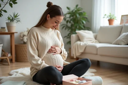 Femme enceinte assise sur un parquet découvrant des coffrets cadeaux gratuits pour bébé