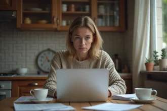 Femme inquiète consultant une fiche de classe en ligne sur son ordinateur portable dans une cuisine, illustrant les risques de MaFicheClasse