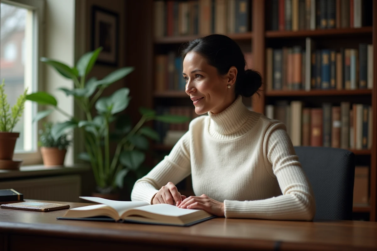 Femme réfléchie dans une bibliothèque à domicile, symbolisant la personnalité cultivée et la vie intérieure d'une journaliste connue